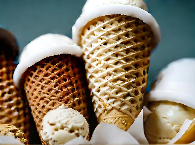 Realistic ice cream cones in a neutral palette with warm lighting Highly detailed and cozy atmosphere in a closeup of an empty restaurant Generative AI Generated