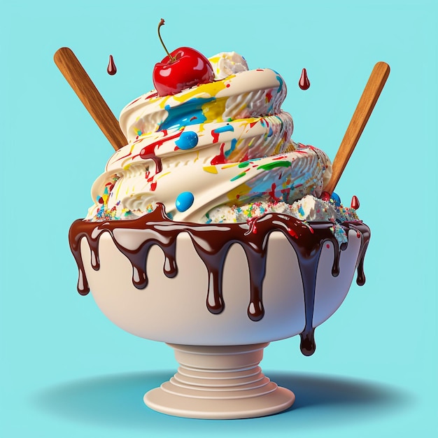 Realistic Ice Cream Sundae with Chocolate Syrup Illustration Generative ai