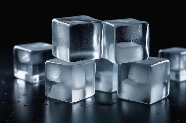 Реалистичные кубики льда на темном фоне горизонтальной композиции