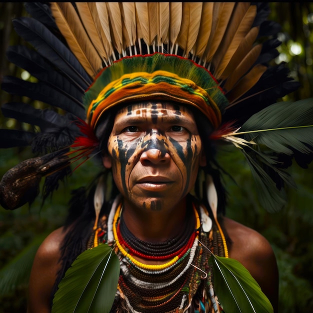 Photo realistic illustration in artificial intelligence portrait of an indigenous face with its typical ornaments