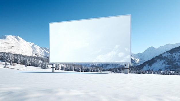 Реалистичная иллюстрация Пустой белый рекламный щит на обочине горной дороги зимой