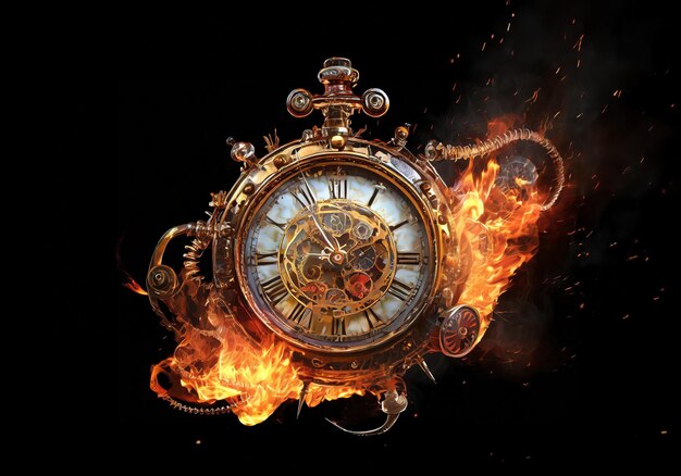 realistic illustration of a burned clock isolated on black background