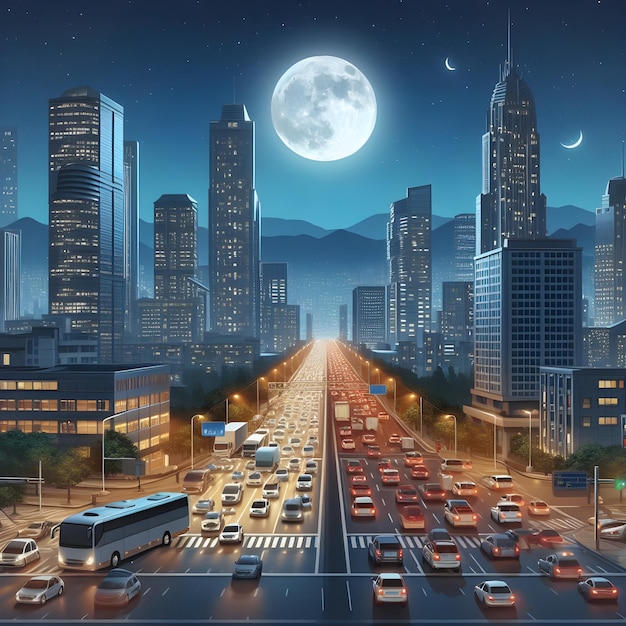 realistic illustration of a city view at night with a full moon and lots of cars