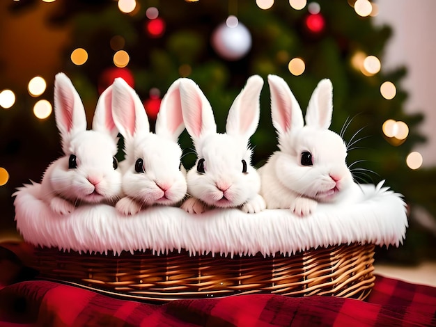 Foto illustrazione realistica di piccoli conigli adorabili dentro un cesto con una coperta pelosa