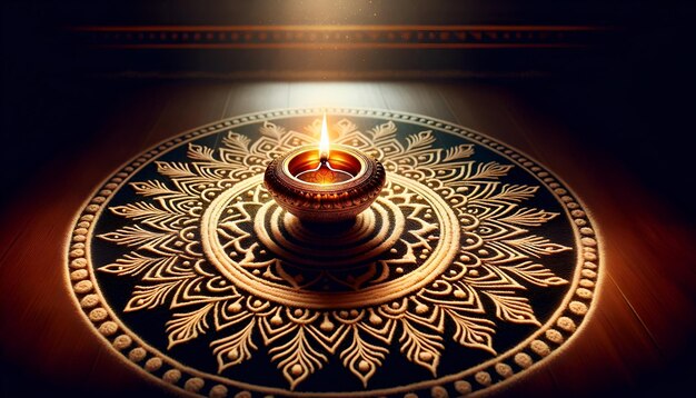 Realistic illustration of diya lamp with rangoli decoration for celebrating puthandu