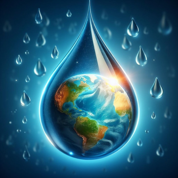 写真 世界水の日を記念する現実的なイラスト 地球の地球が水滴の中にある