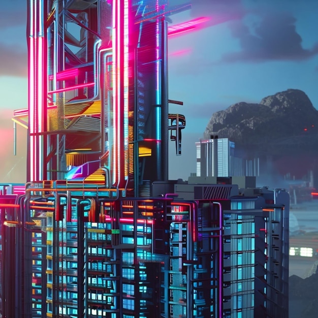 Photo realistic illustration of futuristic city with neon lights