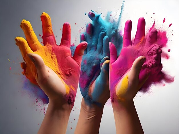 Realistic illustration of hands throwing colorful powder in the air for holi