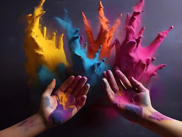 Photo realistic illustration of hands throwing colorful powder in the air for holi