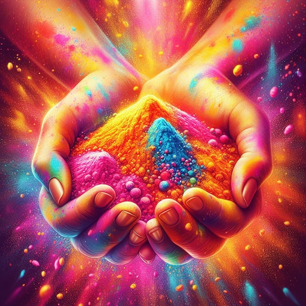 Foto illustrazione realistica per la celebrazione di holi con le mani piene di polveri colorate