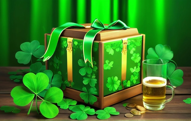 realistic illustration of an Irish St Patricks luxury gift Box with a gold coin and wooden Backgrou