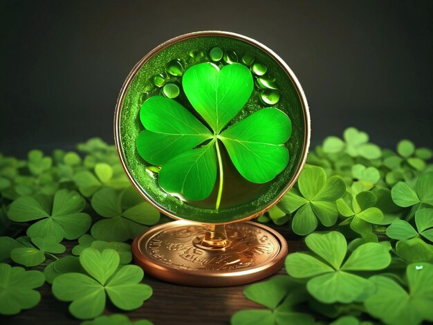 realistic illustration of an Irish St Patricks luxury gift Box with a gold coin and wooden Backgrou
