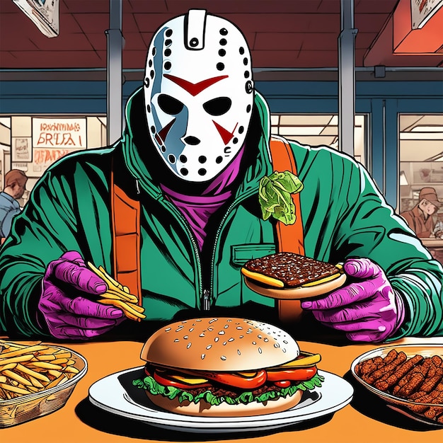 Photo realistic illustration of jason voorhees serving a burger