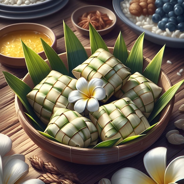 Photo realistic illustration of ketupat in a bowl on the table