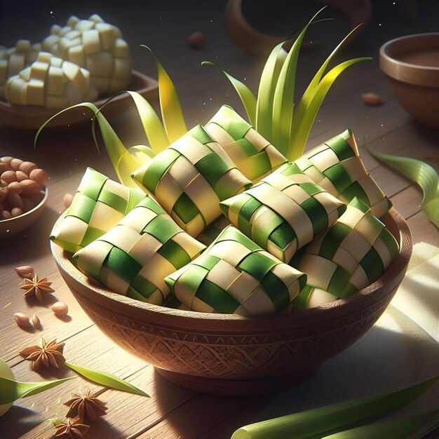 Photo realistic illustration of ketupat in a bowl on the table