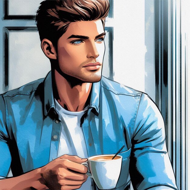 Foto illustrazione realistica di un uomo che beve caffè