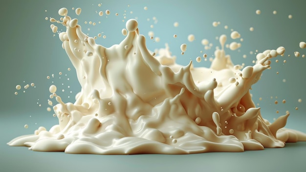 The realistic illustration of milk splash or dripping on a blue background depicts natural dairy products yogurt or cream in a crown splash with drops or swirls for packaging design purposes