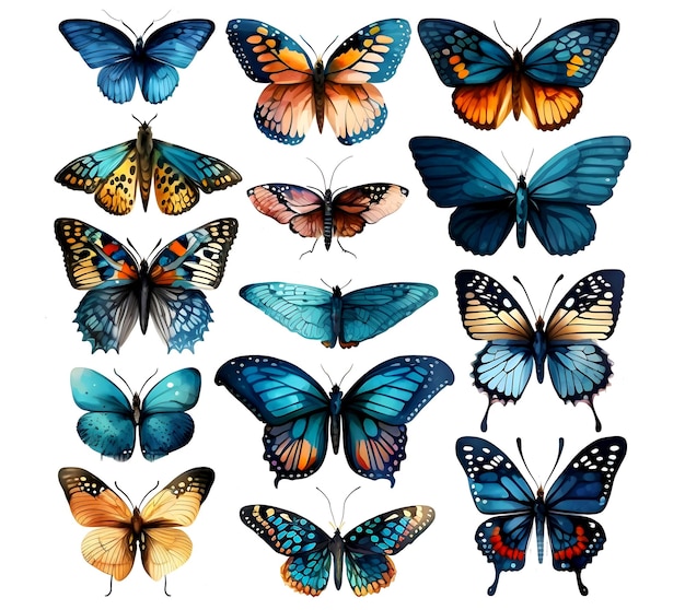 Realistic illustration of mixed set butterflies on isolated white background