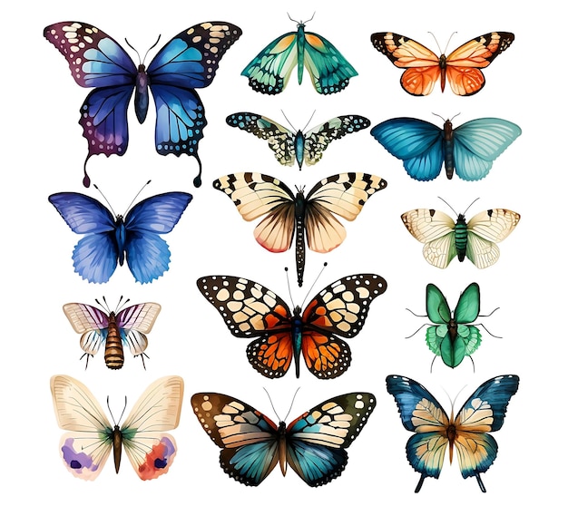 Realistic illustration of mixed set butterflies on isolated white background