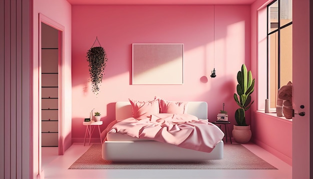 Realistic Illustration of modern minimalistic pink bedroom background Generative AI