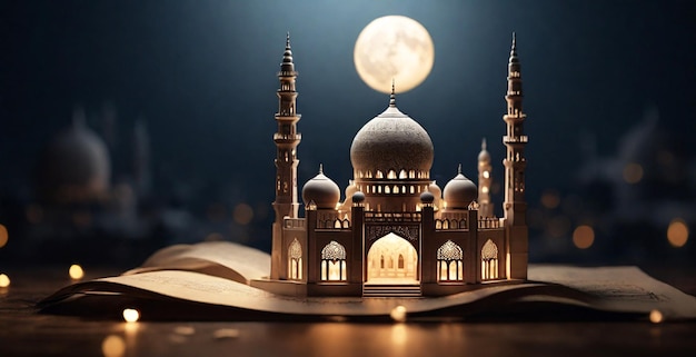 Photo realistic illustration of a mosque building on top of a book with a full moon behind