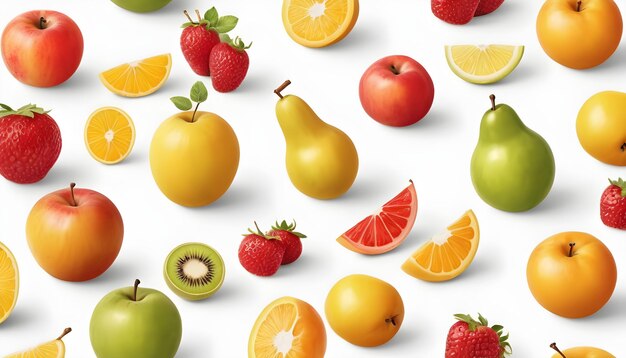 写真 白い 背景 に 描か れ た 様々な 果実 の 現実 的 な 描写