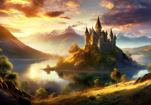 realistic illustration of old castle isolated by lake with mountain landscape background