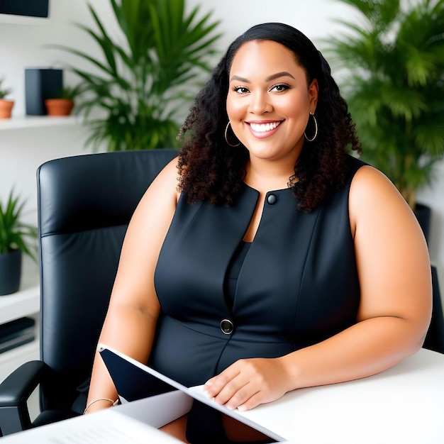 Realistic Illustration of Plus Size Manager in Black Dress Looking at Camera Smiling in The Office