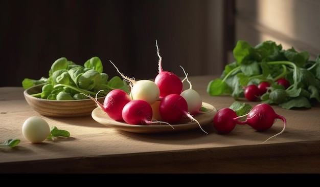 Realistic illustration of radishes on wooden table and green vegetables in background for healthy sa