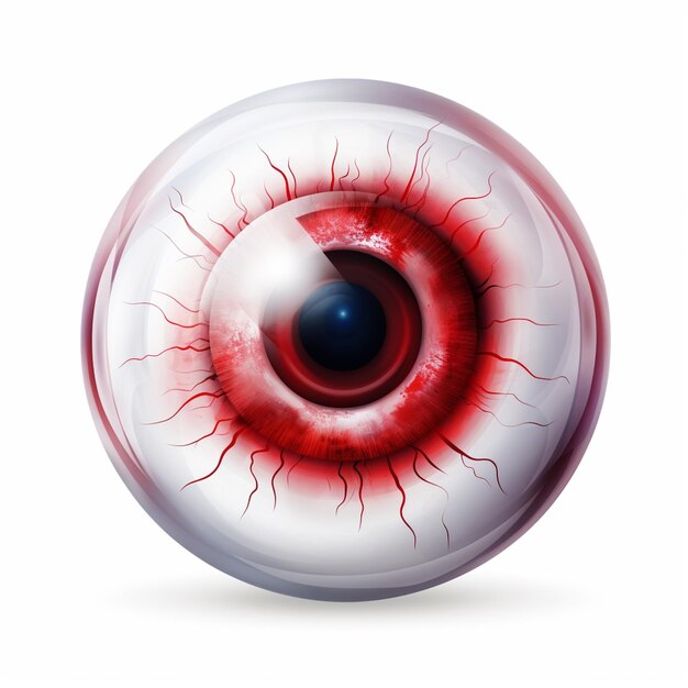 Photo realistic illustration of a red eyeball with a white background generative ai