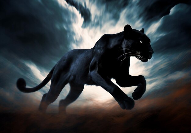 реалистичная иллюстрация бегущей черной пантеры с темным фоном и драматическим небом