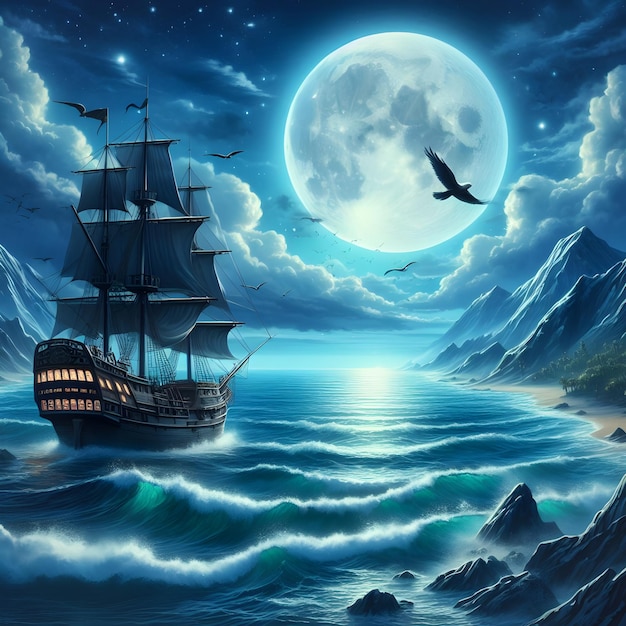 realistic illustration of a sea view at night with a full moon and a pirate ship sailing