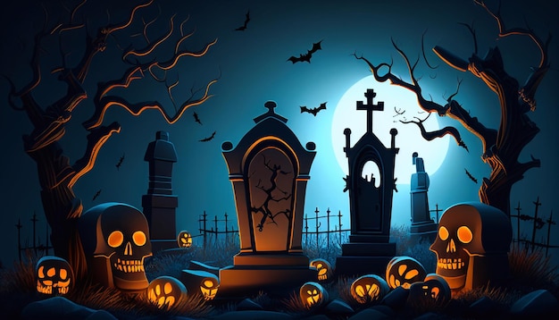 Realistic illustration of spooky landscape and forest with dead and dry trees, cemetery with tombstones and full moon on night green sky. Suitable as a card for Halloween.