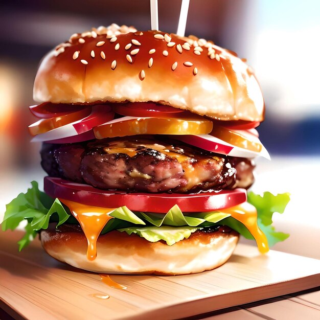 Foto illustrazione realistica di un gustoso hamburger succoso