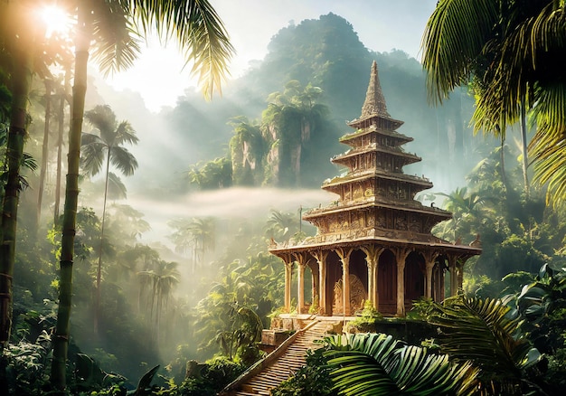 realistic illustration of a temple in the middle of tropical jungle