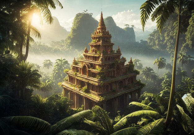 realistic illustration of a temple in the middle of tropical jungle