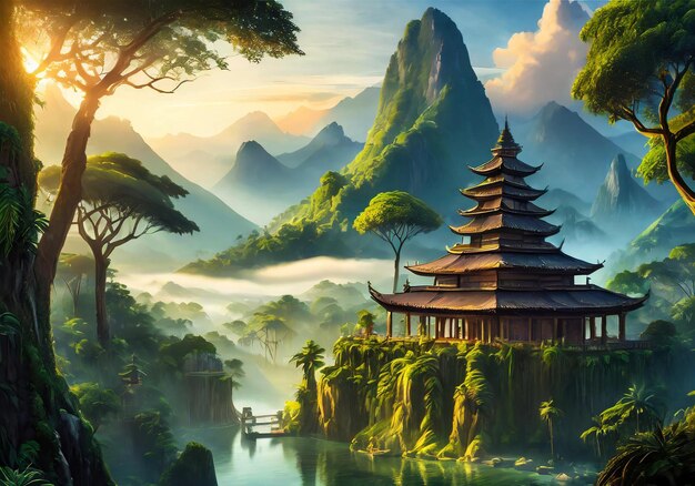 realistic illustration of a temple in the middle of tropical jungle