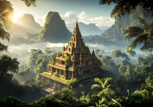 熱帯ジャングルの真ん中にある寺院の現実的なイラスト