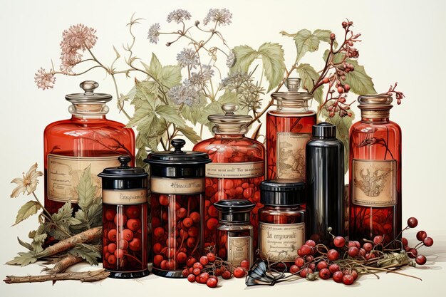 Photo realistic illustration of various cinnabar bottles and cosmetic containers generative ai