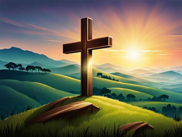 Realistic illustration of a wooden cross standing on a hill for good friday