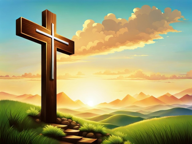 Realistic illustration of a wooden cross standing on a hill for good friday