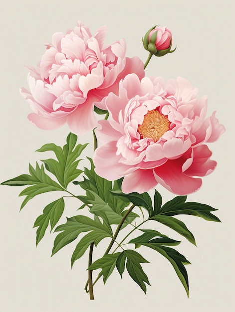 Realistic illustrations of peony flowers