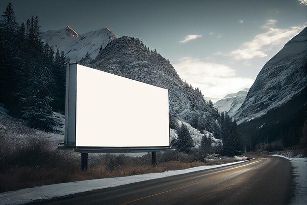 Реалистичная иллюстрация Пустой белый рекламный щит на обочине горной дороги зимой Генеративный ай