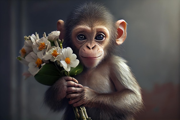 Realistic ilustration a cute monkey boy with a bouquet of flowers in his hands generative ai