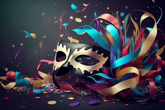 Realistic ilustration Venetian carnival mask and party confetti with copy space Generative AI