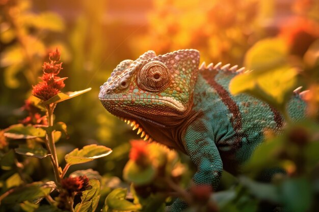 Realistic image of chameleon that is in the meadow beautiful illustration picture generative ai