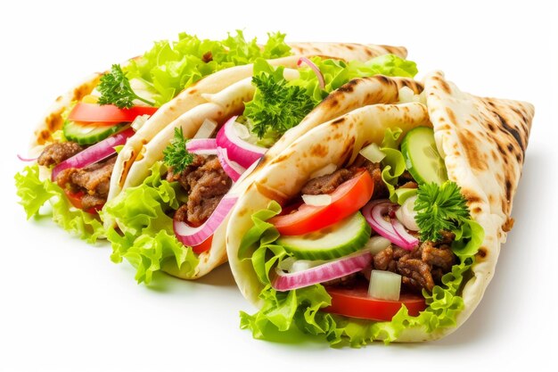 Realistic image of gyros fast food in flatbread lettuce tomatoes onions on white background png