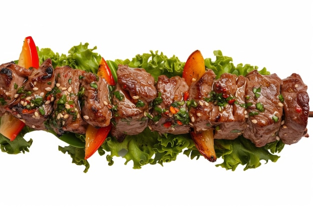 Photo realistic image of kebab on a wooden stick with meat and vegetables on white background png hd k