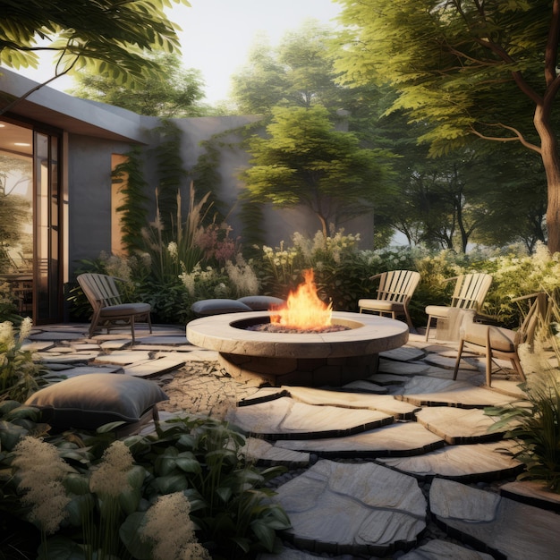 Realistic Image Of A Natural Light Garden With Round Fireplace And Seating Area