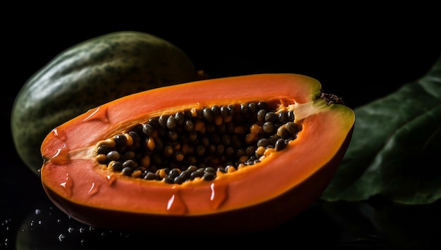 Realistic image of papaya on dark background AI generated